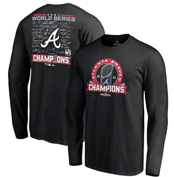 Men's Atlanta Braves 2021 Black World Series Champions Signature Roster Long Sleeve T-Shirt